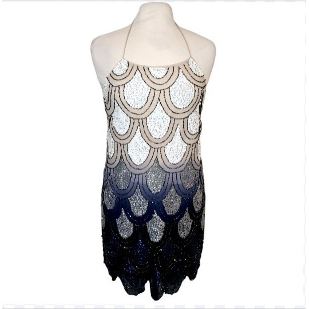 NBD Revolve Black Ombre Dame Mini Dress Halter Scallop Sequin Flapper Cocktail S - Picture 2 of 10
